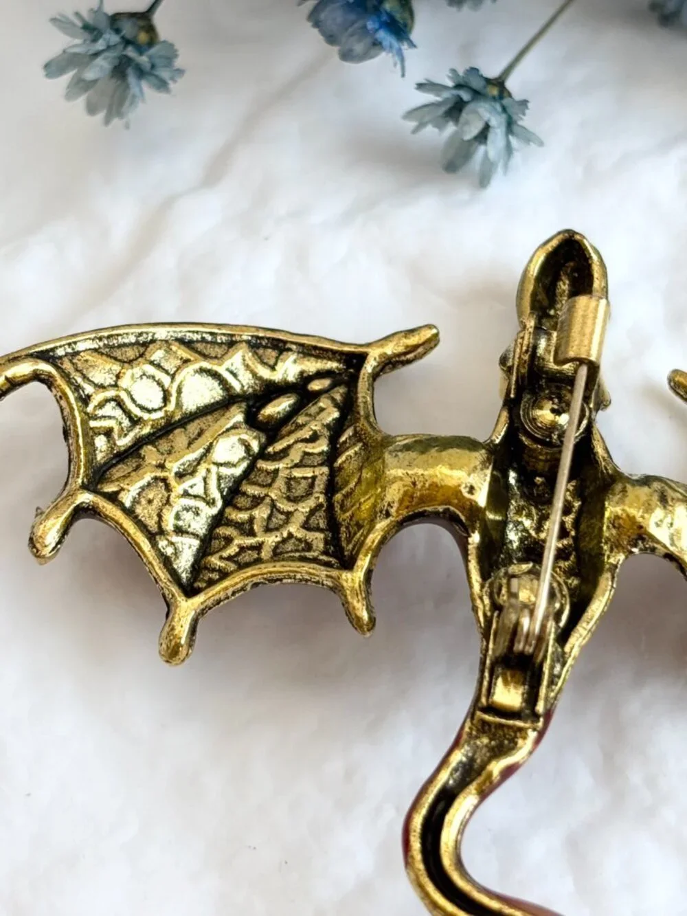 Flying Dragon Figural Red Winged Enameled Rhinestone Ornate Textured Brooch Pin
